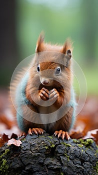 A small squirrel sitting on top of a tree stump. Generative AI image.