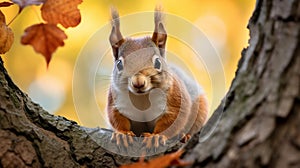 a small squirrel that is sitting in a tree branch looking at the camera