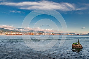 Small statue of a mermaid on a stone in the lake near the Stanley Park in Vancouver