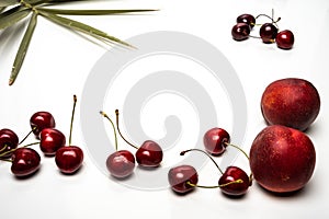 Small still life of cherries and nectarines with palm leaves on white background. Fruits from around the world. Isolated fruits