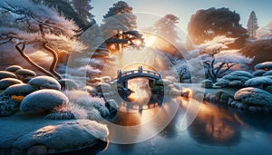 small stone bridge spans a frozen pond in the Japanese traditional garden, covered in frost. Generative AI