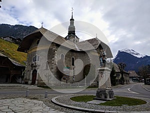 Small Stone church in the center of Morzine. France.