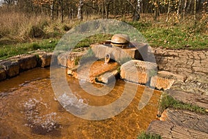 Small stone fountain in woods.