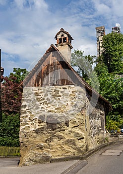 A small stone house built in 1689 on an old street in Lucerne, Switzerland