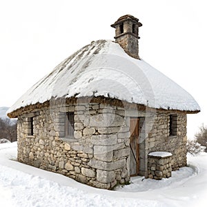 Stone Hut with Snow