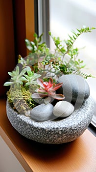 A small stone planter with succulents, moss, and pebbles placed on a windowsill, creating a serene and natural decor photo