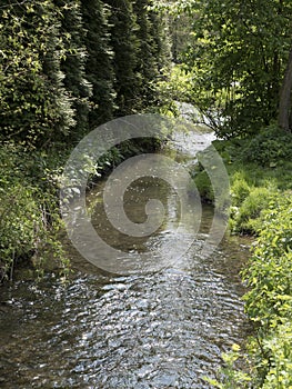 Small stream flowing through picturesque valley with meadows and forests.