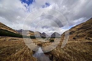 A small stream running into a loch on the Valley floor of Glen Etive in the Scottish Highlands.