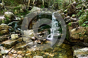 A small stream and waterfall on a trail in the White Mountains in Carroll County, NH, near Mt Willard