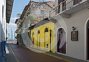 Small street with old historic buildings in casco viejo panama city