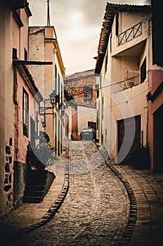 Small street with old houses. Old Town of La Orotava. Narrow street on a hill. Vintage vibe. Tenerife, Canary Islands