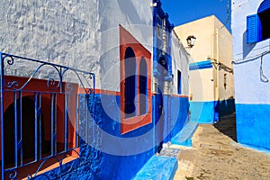 Small streets in blue and white in the kasbah of the old city Ra