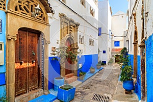 Small streets in blue and white in the kasbah of the old city Ra