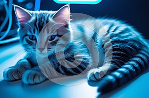 A small striped kitten lies on the table near the computer, the blue light of the screen is reflected on the cat's