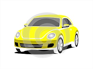 A Small Stylized Car, Front view, Three-quarter view. Yellow Car With A Rounded Body. Ð¡ompact Ð¡ity Ð¡ar. Vector Image Isolated