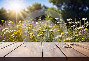 Small summer wildflowers on a wooden floor background, empty copy space, summer day, beautiful natural flowers,
