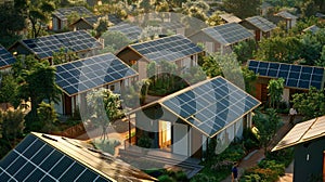 A small sustainable village with every house equipped with solar panels creating a selfsufficient community. .