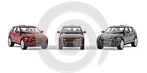 Small SUV car in three metallic colors red, graphite and bronze isolated on white background - front view