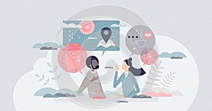 Small talk as informal discourse with light topics speech tiny person concept photo