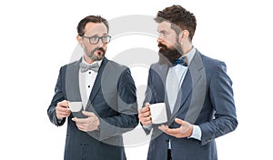 Small talk. Men bearded guys communicate while relaxing coffee break business conference. Enjoying office coffee. Make