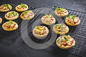 Small tarte flambee or mini pizza with onion, bacon and arugula