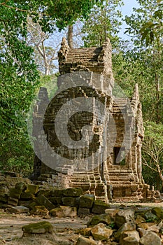 Small temple at Angkor Thom, Khmer Temple, Siem Reap, Cambodia. Bayon, the most notable temple at Angkor Thom.