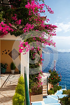 Small terrace of traditional greek house and blue stairs with sea view in Asos village, Cephalonia island. Luxury summer