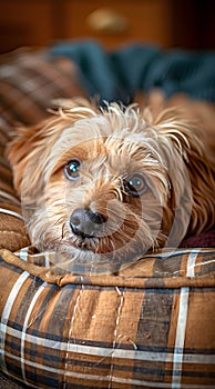 A small terrier breed dog is resting on a plaid dog bed