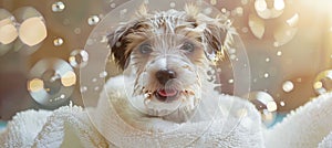 A small terrier dog is enjoying a bath with soap bubbles in the water