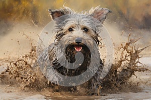 Small terrier dog running through muddy puddle, isolated on white background