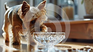 A small terrier excitedly sniffs a crystalencrusted food bowl filled with gourmet dog treats while a matching water bowl