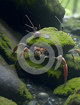 A small, timid crab scuttling across a jagged, moss-covered stone, its antennae twitching nervously.