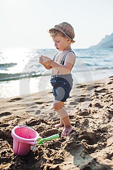A small toddler boy standing on beach on summer holiday, playing.