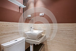 small toilet with deep white porcelain sink on wooden furniture and marble tiles