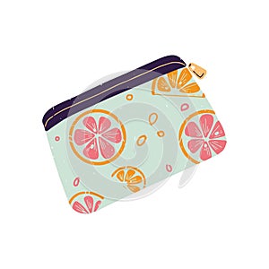 Small toiletry bag with fruit print. Patterned makeup pouch. Cosmetics case is closed on zipper for skincare, bodycare