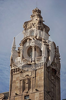 Small tower in Square of the Franciscans, Ferenciek tere, in Budapest, Hungary, Europe. Baroque style stone building with amazing