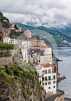 Small town Atrani on Amalfi Coast in province of Salerno, Campania region, Italy. Amalfi coast is popular travel and holiday desti