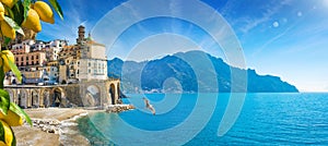 Small town Atrani on Amalfi Coast in province of Salerno, Campania region, Italy. Amalfi coast is popular travel and holyday
