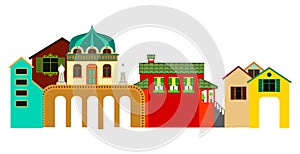 Small town buildings panoramic view. Vector colorful illustration