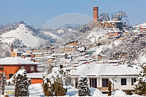 Small town covered with snow in Piedmont, Italy.