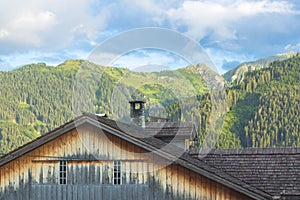 Wooden roof of a house in the mountains