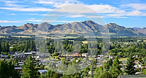 The small town Hanmer Springs in New Zealand with mountains in the background. Canterbury, South Island