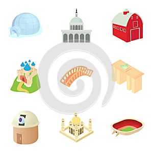 Small town icons set, cartoon style