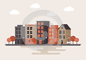 A small town by the lake in autumn. Urban landscape in minimal geometric flat design. Vector Illustration.