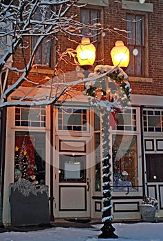 Small Town Main Street Christmas With Glowing Street Light