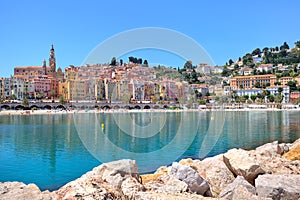 Small town of Menton on Mediterranean sea in France.