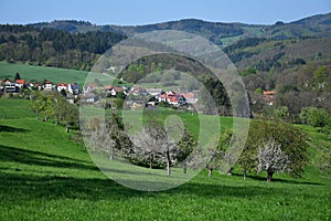 The small town Oberflockenbach in spring in the Odenwald, Germany