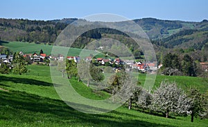 The small town Oberflockenbach in spring in the Odenwald, Germany