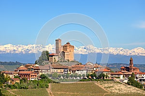 Small town with old castle on the hill in Piedmont, Italy.