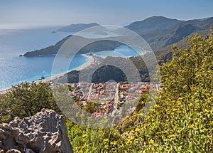 small town of Oludeniz and the blue lagoon from the heights of the mountains and the Lycian Trail in Turkey
